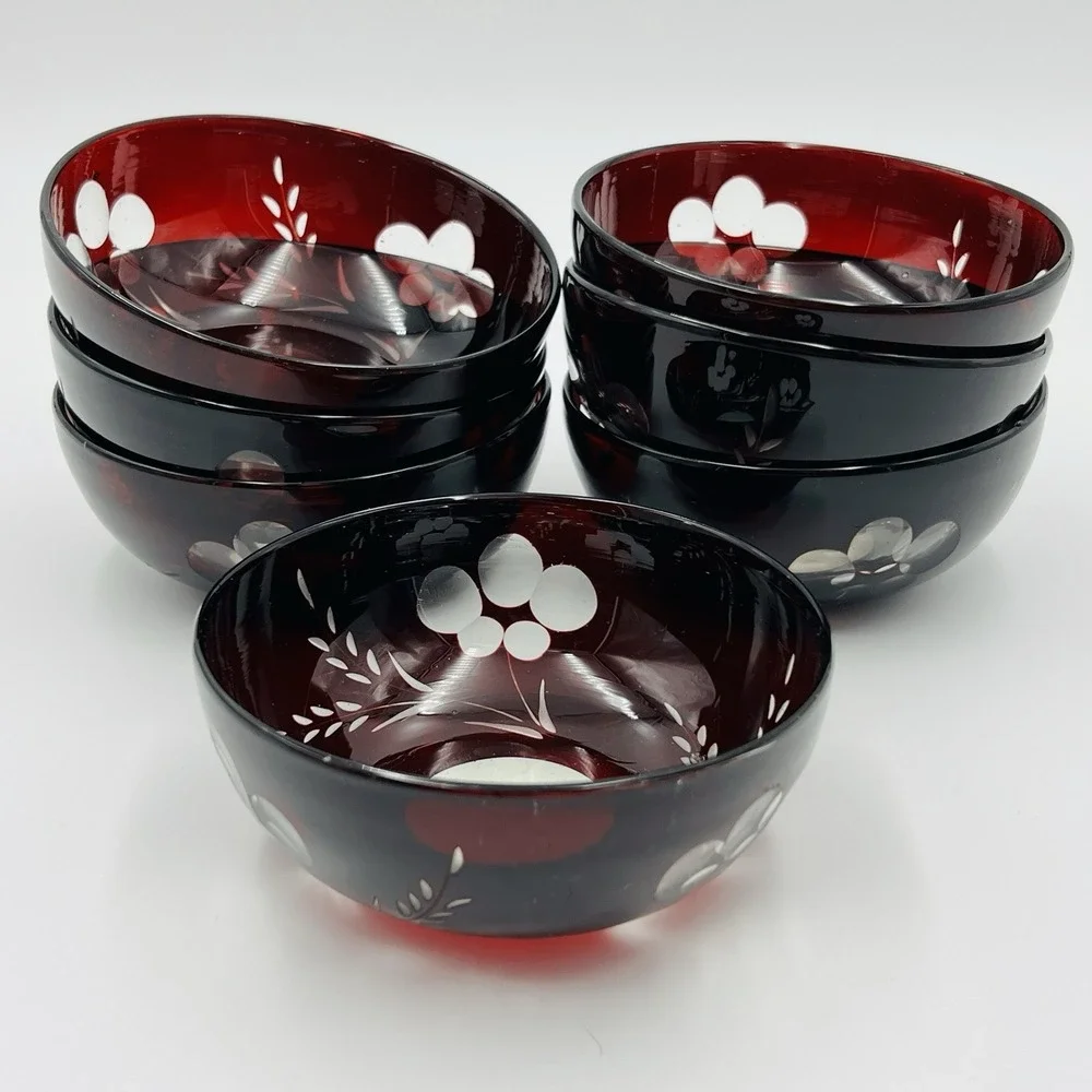 Set of‎ 7 Hand Blown Bohemian Ruby Cut to Clear Glass Bowls Floral Wheat Bubbles